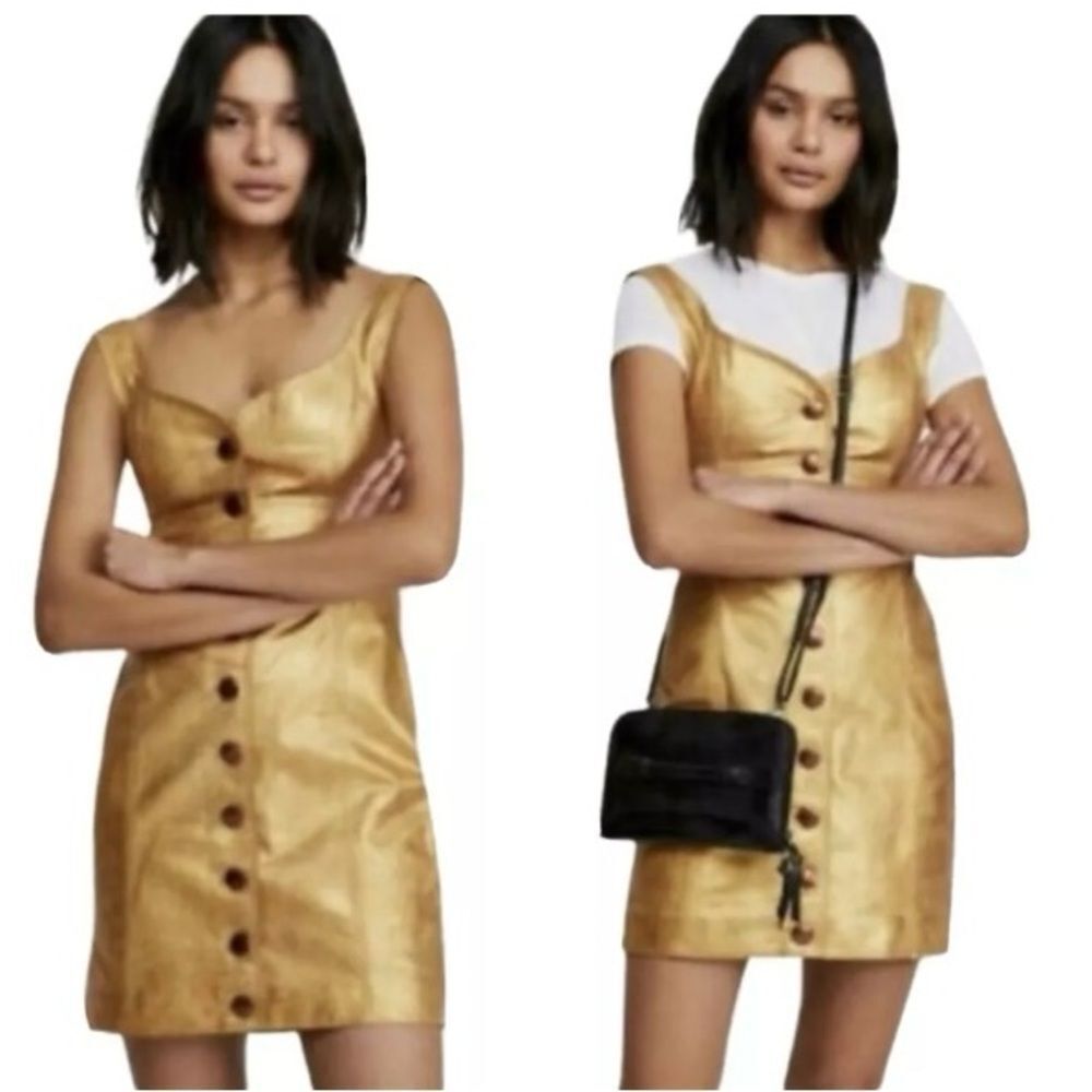 Free People Gold Button-Front Mini Dress